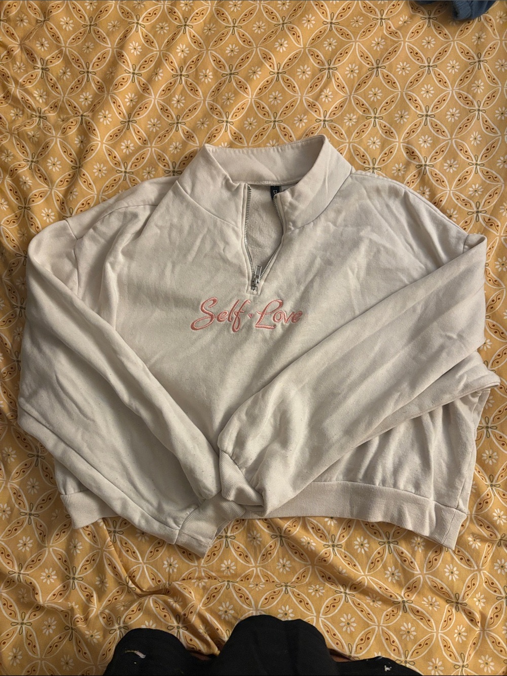H&M Cream Half-Zip Cowl Sweater with Pink "Self-Love" Embroidery